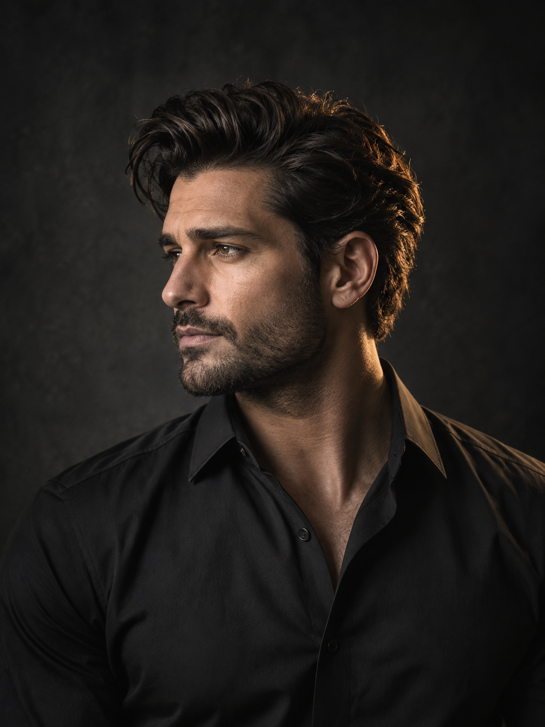 Editorial portrait highlighting a textured men's haircut and neatly groomed beard